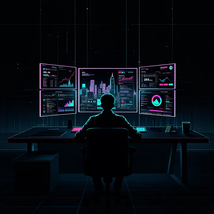 An intelligence analyst's workstation at night — monitors watching competitor dashboards