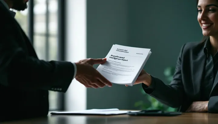 A consultant handing a client a printed report across a desk.