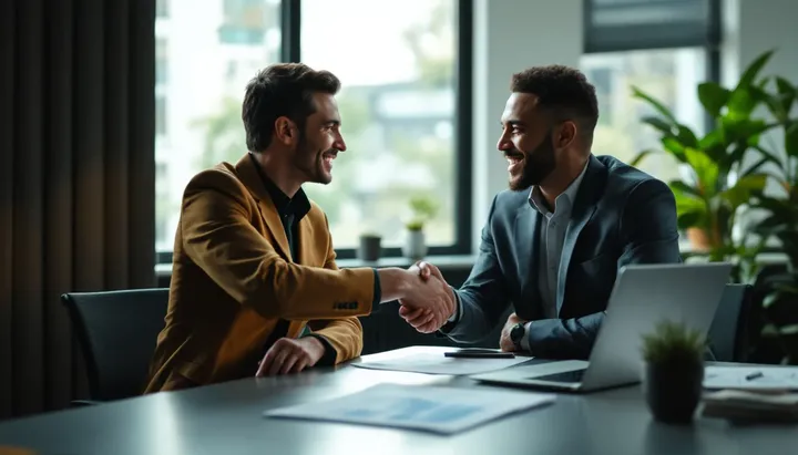 An agency owner and a client shaking hands across a meeting table.