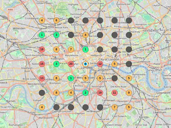 49-point Google Maps rank grid across central London: green top-three
              positions near the centre, amber mid-range, red double-digit ranks and
              grey unranked points toward the edges