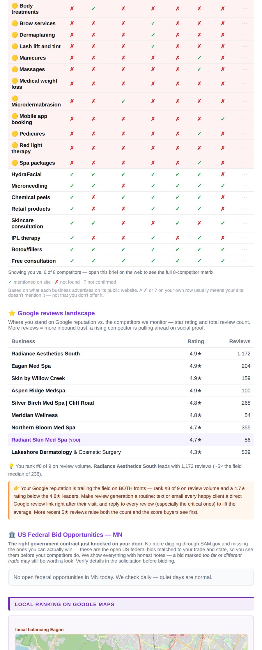 Sample MyIntelBrief brief page 5: Service comparison matrix — you vs. every competitor