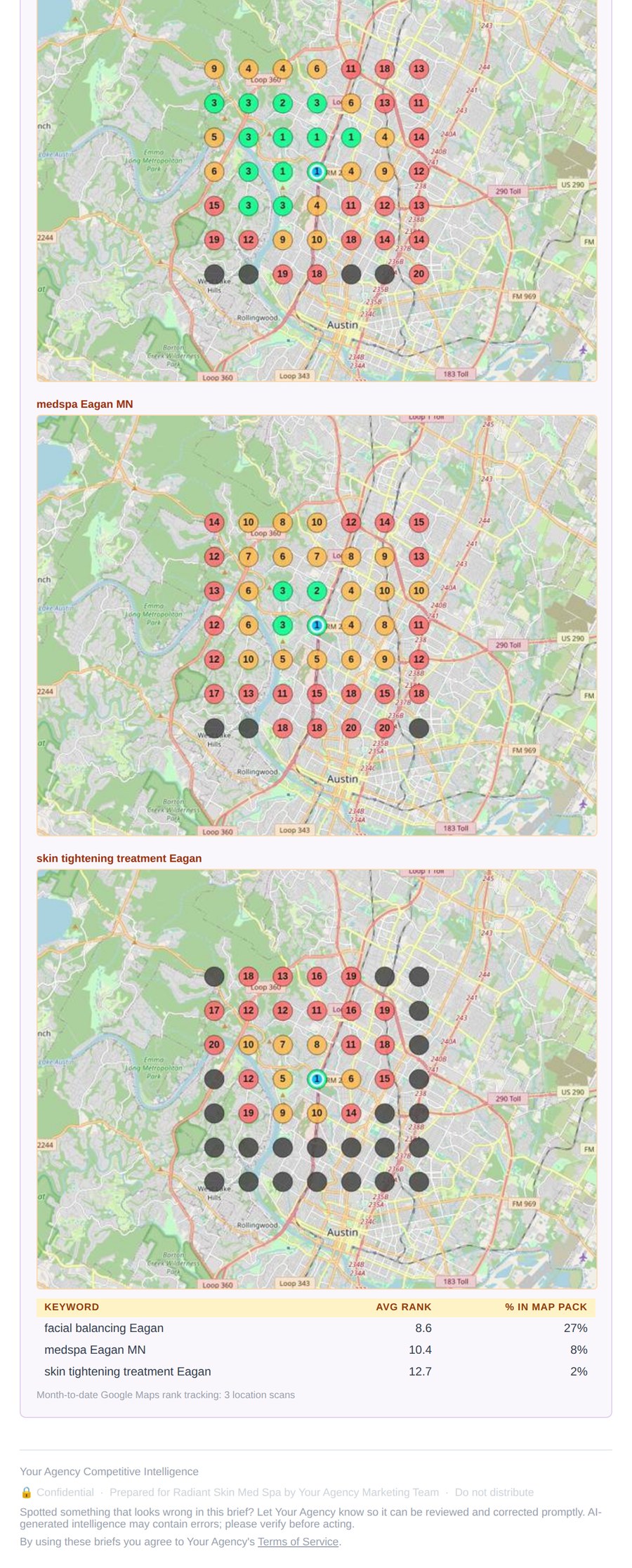 Sample MyIntelBrief brief page 6: Google Maps ranking heatmaps by keyword